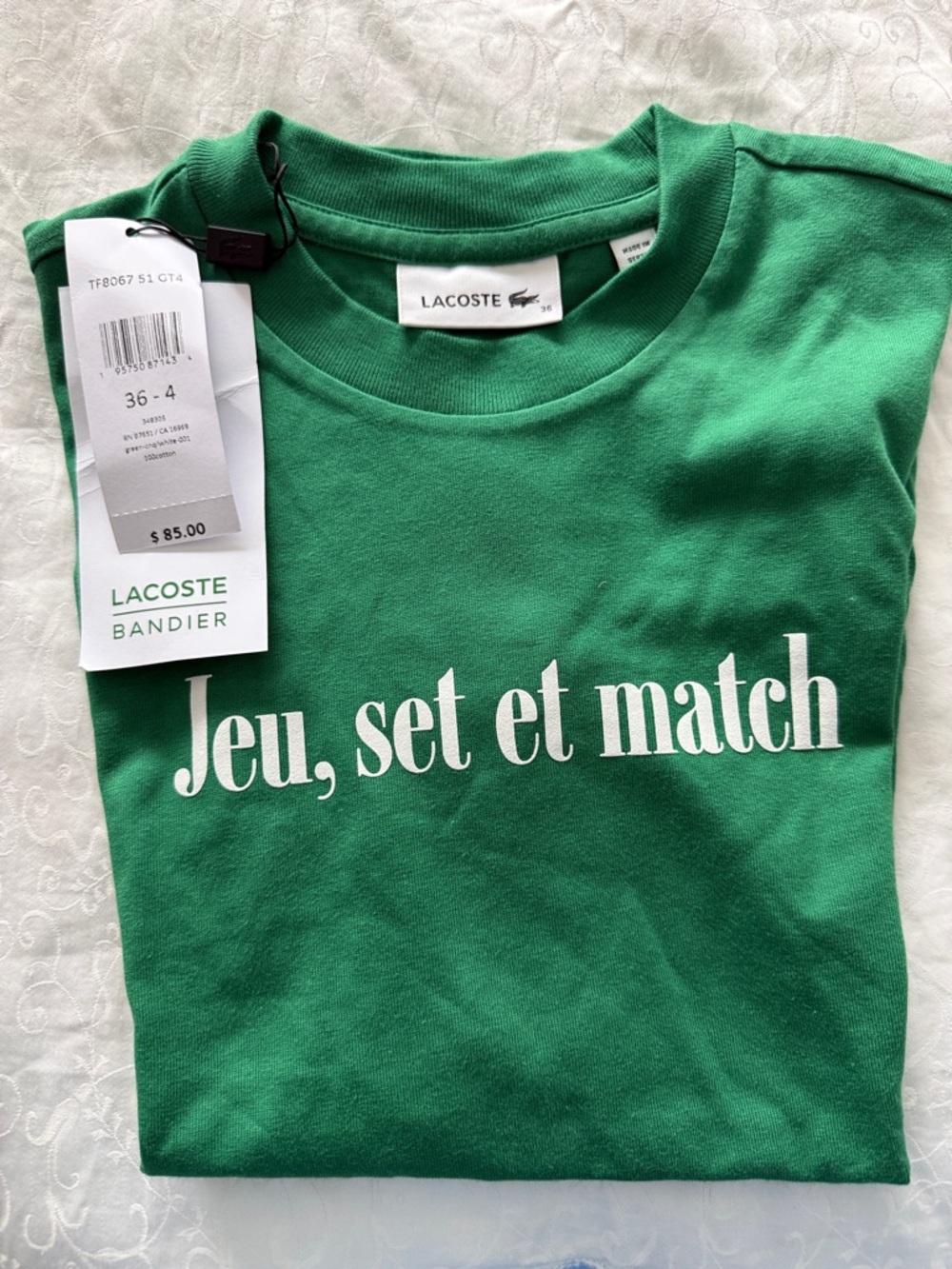 Lacoste Green Short-Sleeve Tee with White 'Jeu, set et match' Graphic NWT
